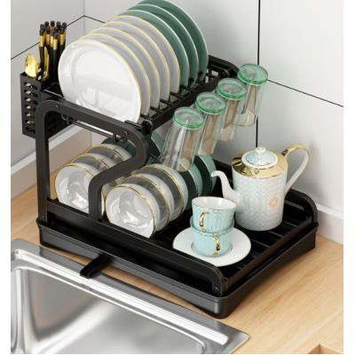 Scurgator vase cu suport de tacamuri si pahare negru 2 niveluri tava scurgere MZY 1139A