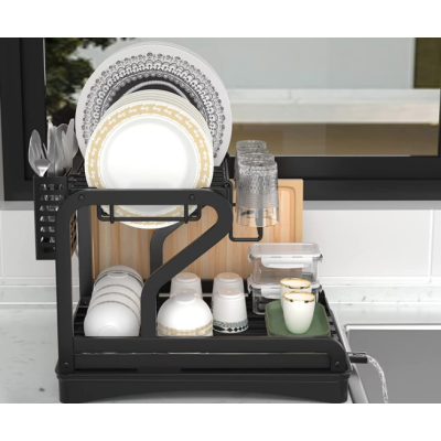 Scurgator vase cu suport de tacamuri si pahare negru 2 niveluri tava scurgere MZY 1139A