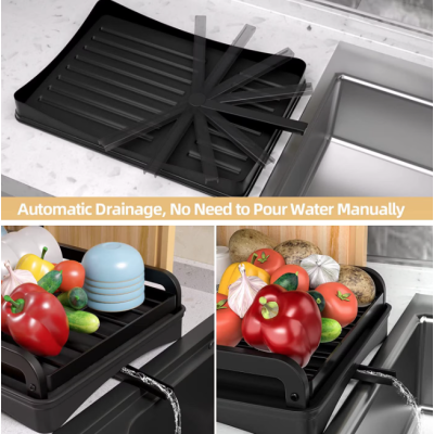 Scurgator vase cu suport de tacamuri si pahare negru 2 niveluri tava scurgere MZY 1139A