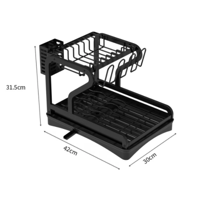 Scurgator vase cu suport de tacamuri si pahare negru 2 niveluri tava scurgere MZY 1139A