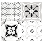 Set 12 placi autocolante din vinil 30 x 30 cm rezistente la apa model FLORAL ALB NEGRU DP0202
