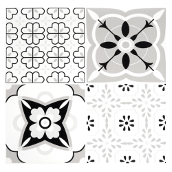 Set 12 placi autocolante din vinil 30 x 30 cm rezistente la apa model FLORAL ALB NEGRU DP0202