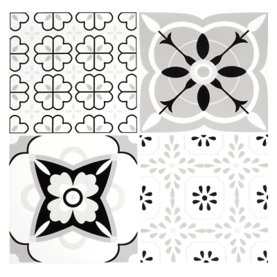 Set 12 placi autocolante din vinil 30 x 30 cm rezistente la apa model FLORAL ALB NEGRU DP0202