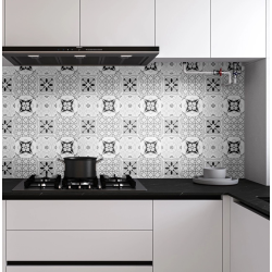 Set 12 placi autocolante din vinil 30 x 30 cm rezistente la apa model FLORAL ALB NEGRU DP0202