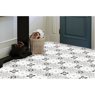 Set 12 placi autocolante din vinil 30 x 30 cm rezistente la apa model FLORAL ALB NEGRU DP0202