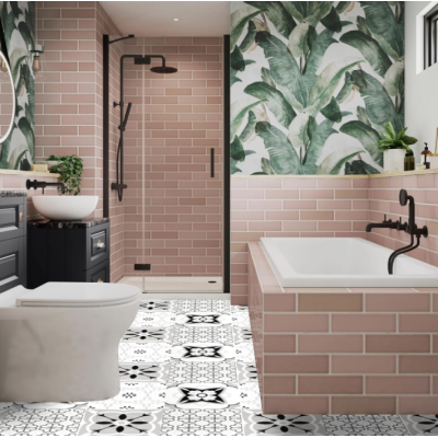 Set 12 placi autocolante din vinil 30 x 30 cm rezistente la apa model FLORAL ALB NEGRU DP0202