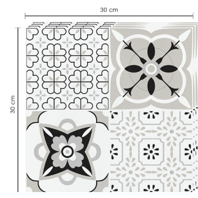 Set 12 placi autocolante din vinil 30 x 30 cm rezistente la apa model FLORAL ALB NEGRU DP0202