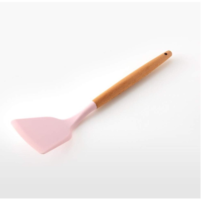 Set 12 ustensile de bucătărie cu mâner de lemn roz