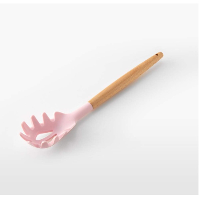 Set 12 ustensile de bucătărie cu mâner de lemn roz