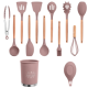 Set 12 ustensile de bucătărie cu mâner de lemn roz