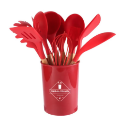 Set 12 ustensile de bucatarie Lemn/Silicon Rosu