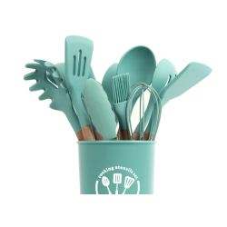 Set 12 ustensile de bucatarie Lemn/Silicon Verde