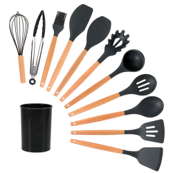 Set 12 Ustensile NEGRE antiaderente de Bucatarie din silicon cu maner de Bambus calitate PREMIUM