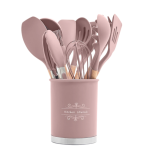 Set 13 Ustensile ROZ antiaderente de Bucatarie din silicon cu maner de Bambus calitate PREMIUM