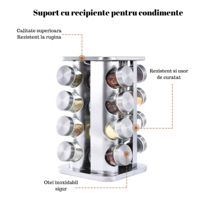 Set 16 recipiente condimente Alimar cu suport rotativ inox