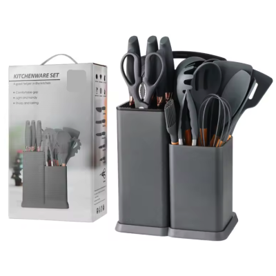 Set 19 piese ustensile de bucatarie din lemn si silicon cu suport