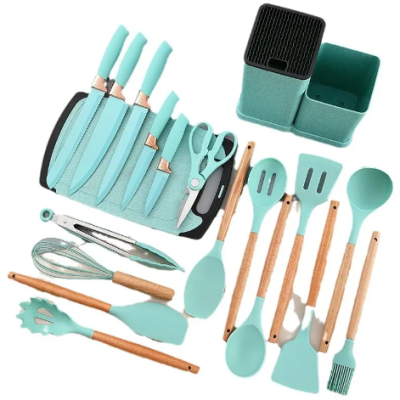 Set 19 piese ustensile de bucatarie din lemn si silicon cu suport