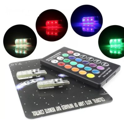 Set 2 becuri T10 LED auto RGB cu telecomanda putere 2W