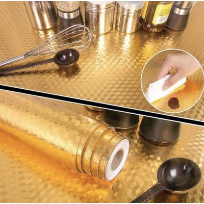 Set 2 Folii Aluminiu autoadezive pentru protectie mobila bucatarie AURIU 3D 60 x 300 cm