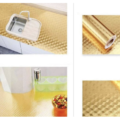 Set 2 Folii Aluminiu autoadezive pentru protectie mobila bucatarie AURIU 3D 60 x 300 cm