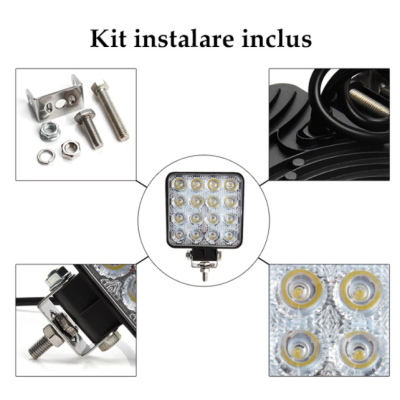 Set 2 Proiector PATRAT 16 led 12v-24v  48w  lumina alba 6000k Slim