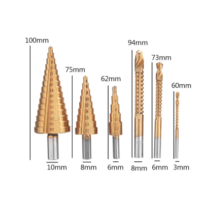 Set 3 burghie freza conica metal in trepte 4 30mm + 3 burghie frezare