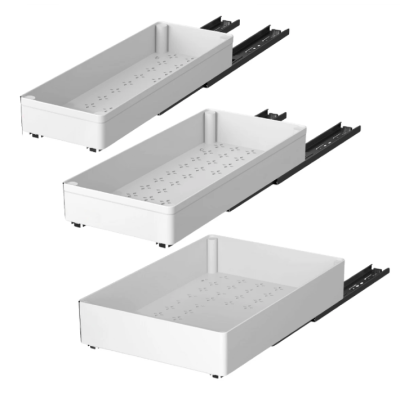 Set 3 sertare cu glisiere autoadezive soft close extragere totala sina cu extensie 3 dimensiuni alb