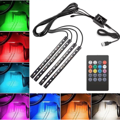Set 4 benzi 18 LED cu lumina ambientale pentru auto si telecomanda RGB