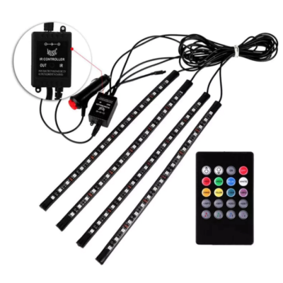 Set 4 benzi 18 LED cu lumina ambientale pentru auto si telecomanda RGB