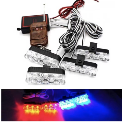 Set 4 lumini LED de avertizare rosu albastru pentru grila functii stroboscop 36W 12V