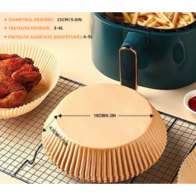 Set 50 hartii de copt ROTUNDE pentru friteuza Unica folosinta 16x20x4.5 cm Maro