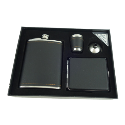 Set cadou format din 4 piese plosca palnie pahar tip shot si tabachera NEGRU SIMPLU