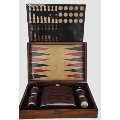 Set cadou joc de sah dame si table cu Plosca si pahare MARO