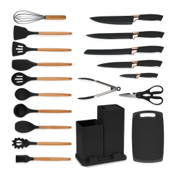 Set de 19 piese NEGRE ustensile de bucatarie cu tocator si suport depozitare inclus NEGRE