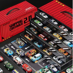 Set de masini cu 48 de piese cu cutie container si sina imprimata Set de masini cu 48 de piese cu cutie container si sina imprimata