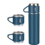 Set termos din inox cu 3 cesti 500ml sticla termoizolanta pentru bauturi fierbinti si reci ALBASTRU