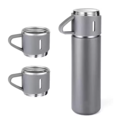 UB Set termos din inox cu 3 cesti 500ml sticla termoizolanta pentru bauturi fierbinti si reci bej