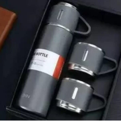 Set termos din inox cu 3 cesti 500ml sticla termoizolanta pentru bauturi fierbinti si reci GRI