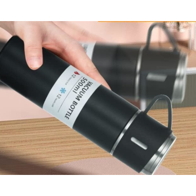 UB Set termos din inox cu 3 cesti 500ml sticla termoizolanta pentru bauturi fierbinti si reci bej