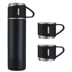 Set termos din inox cu 3 cesti 500ml sticla termoizolanta pentru bauturi fierbinti si reci NEGRU