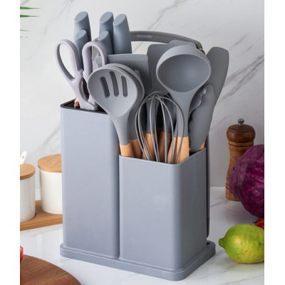 Set ustensile GRI bucatarie 19 piese silicon alimentar cutite tocator termorezistente antiaderente suport blat GRI