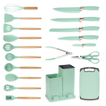 Set ustensile VERDE MENTA bucatarie 19 piese silicon alimentar cutite tocator termorezistente antiaderente suport blat VERDE MENTA