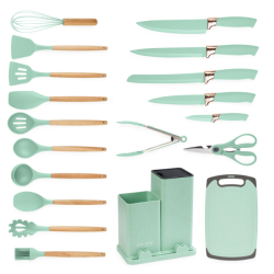 Set ustensile VERDE MENTA bucatarie 19 piese silicon alimentar cutite tocator termorezistente antiaderente suport blat VERDE MENTA