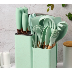 Set ustensile VERDE MENTA bucatarie 19 piese silicon alimentar cutite tocator termorezistente antiaderente suport blat VERDE MENTA