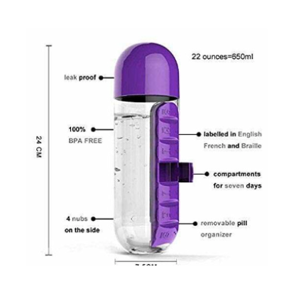 Sticla de apa cu organizator de pastile 600 ml
