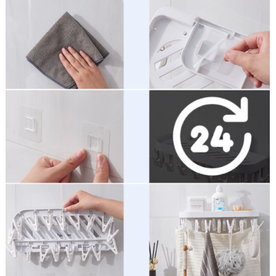 Suport autoadeziv pentru baie cu 17 cleme pliabil 36 x 15 x 14.5 cm alb