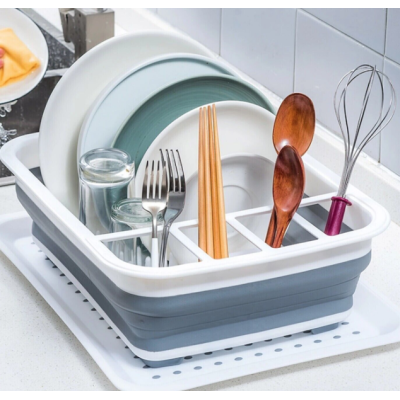 Suport pliabil pentru vase cu scurgator din silicon ALB/GRI