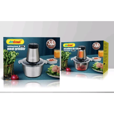 Tocator Electric Multifunctional Q JR842 650W cu 2 Viteze din Inox pentru Carne Fructe si Legume Capacitate 3L