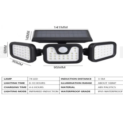 UB Lampa Solara Tripla cu Panou Solar Incorporat 74 LED SMD Reglabila 360 grade FL 1725A BASE