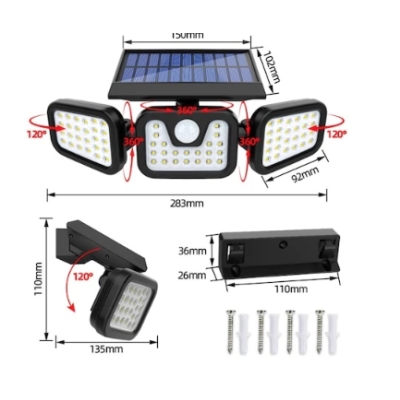 UB Lampa Solara Tripla cu Panou Solar Incorporat 74 LED SMD Reglabila 360 grade FL 1725A BASE